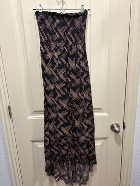 Nordstrom Black Strapless Maxi Dress with Taupe Brushstroke Print